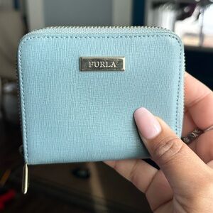 Furla Saffiano Leather Bifold Zip Wallet - Dusty Blue